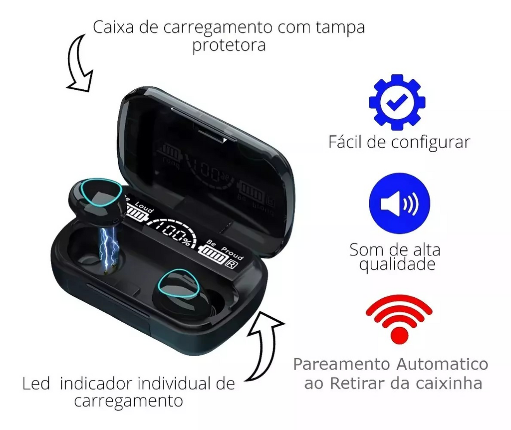Fone de Ouvido Bluetooth TWS Com POWER BANK